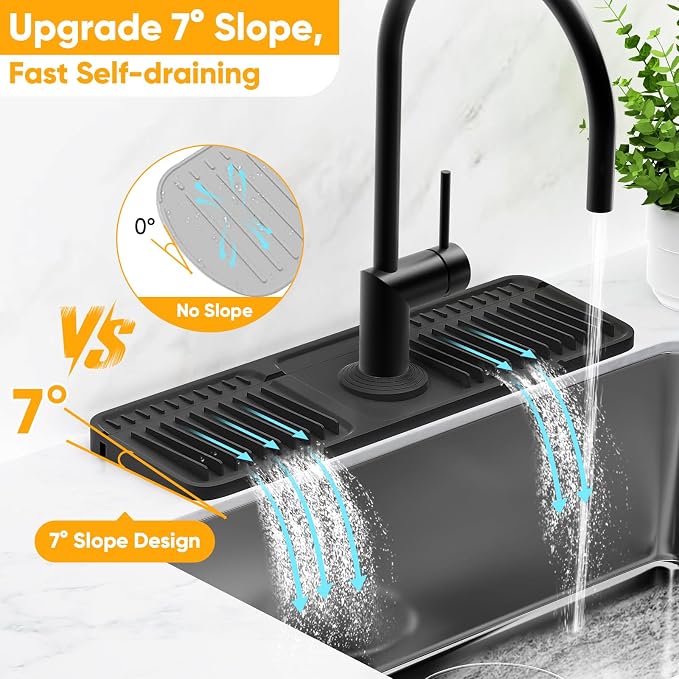 17.7'' Folding Faucet Mat for Kitchen Sink Splash Guard[7° Slope Fast Self-draining][Snap Lock Fit] Kitchen Sink Faucet Mat Splash Guard Kitchen Sink Area Water Splash Guard Behind Faucet Draining Mat