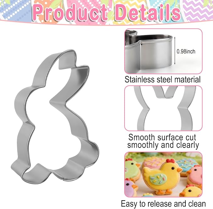 Easter Cookie Cutters, 5 Pcs Chick Carrot Egg Bunny Rabbite Shapes Metal Cookie Cutters, Stainless Steel Cutter Sets Biscuit Fruit Cutter for Easter Holiday Home Baking Kit Birthday Party Supplies