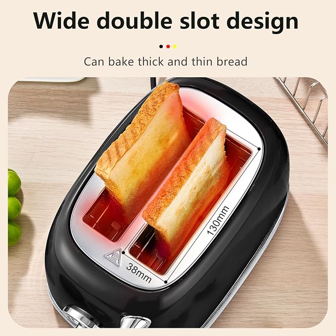 Wiltal Retro Toaster 2 Slice, 1.58" Extra Wide Slot Stainless Steel with Dust Cover and Warming Rack, Glossy Black Finish with Defrost/Reheat/Cancel Functions, Removable Crumb Tray