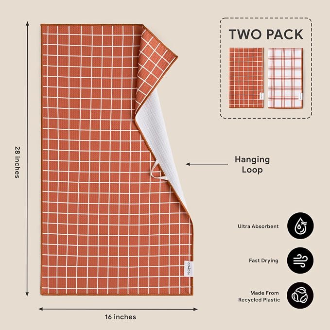RECYCO Waffle Kitchen Towel Set of 2 - Quick Dry Microfiber Sustainable Dish Towels - Ultra Absorbent Reusable Cleaning Tea Towels - Lightweight Hand Towels,16”x 28”, Farmhouse Plaid