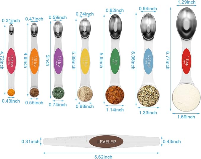 Aovchei 8 pcs Multi-Color Magnetic Measuring Spoons Set | Dual Sided, Stainless Steel Small Tablespoon, Teaspoons, Fits in Spice Jars, for Dry and Liquid