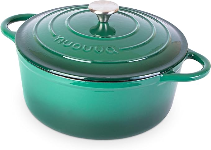 Nuovva Enamelled Cast Iron Dutch Oven Pot with Lid-6.4 Quart Non Stick Casserole Pot-Heavy Duty & Oven Safe up to 500° F for Bread Baking, Braising, Stews, Roasting - 28cm Dark Green