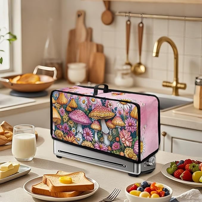 Mushroom Print Toaster Cover with Top Handle, Foldable Toaster Cover 2 Slice Washable Long Slot Slim Dust Covers for Most Toasters, Small Appliance Covers for Kitchen Decor