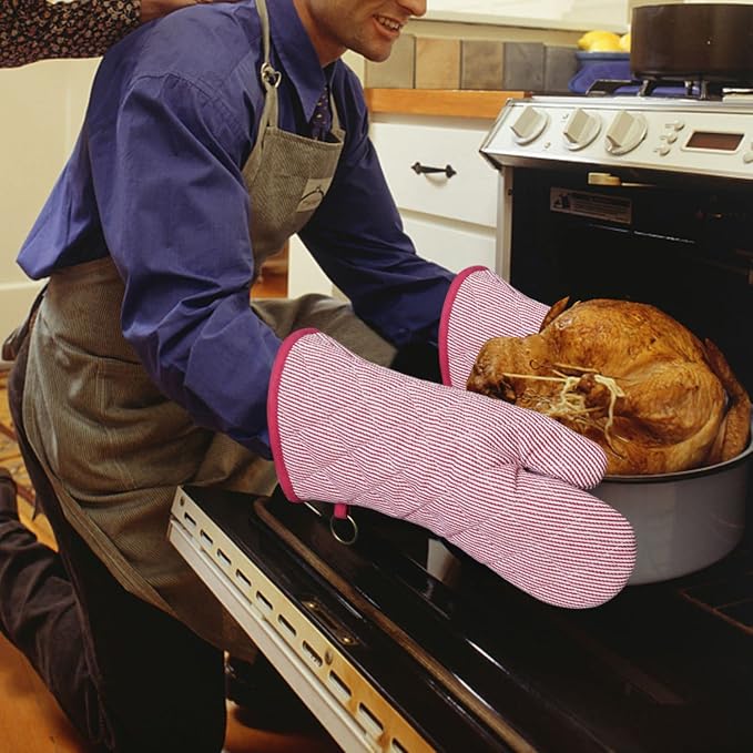 Yarn Dyed Oven Mitts 1 Pair， 100% Cotton Heat Resistant 470 Degree | Oven Gloves for Men Women Cooking Baking Barbecue BBQ Microwave Crafting Machine Washable Pot Holders Mittens (Red 2)
