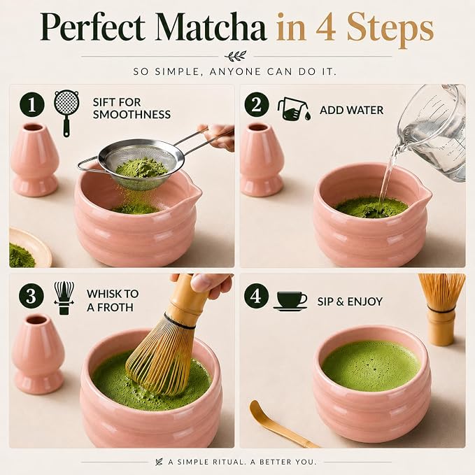 BARISTA EMPEROR® MATCHA WHISK SET PREMIUM 11pcs - Professional Matcha Kit Set with Matcha Bowl, Matcha Whisk, Milk Frother, Spoon, Sifter, Scoop, Stand, Cup, Mat - Aesthetic Pink Matcha Set Kit