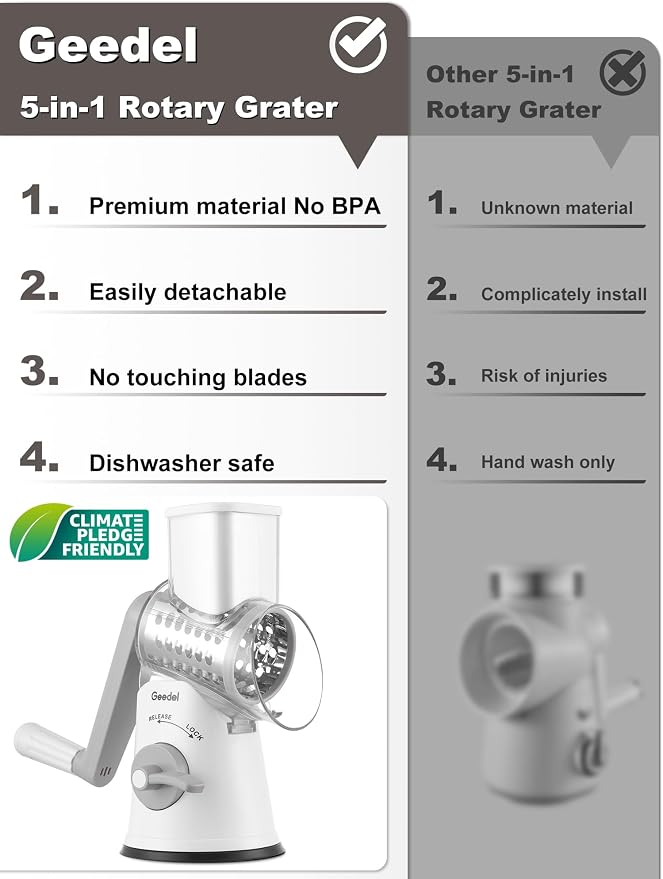 Geedel Rotary Cheese Grater Hand Crank, Cheese Shredder Vegetable Slicer | 5 Blades, 430 Stainless Steel, 12x Fast Cutting, Strong Suction Base, No BPA, Dishwasher Safe, for Cheese, Veggie, Nut