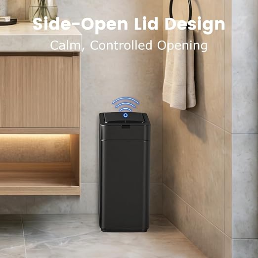 SYNCVIBE Slim Bathroom Trash Can, 2.6 Gallon, Butterfly Sensor Lid, Black | Stainless Steel Garbage Can, Automatic Trash Bin, IPX5 Waterproof Wastebasket for Under Counter and Small Spaces