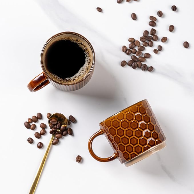 GBhome 6 OZ Stackable Coffee Mugs Set of 4, Ceramic Coffee Cups Set | 4 Assorted Designs, Embossed Mugs with Texture Patterns for Espresso/Tea, Dishwasher&Microwave Safe, Caramel