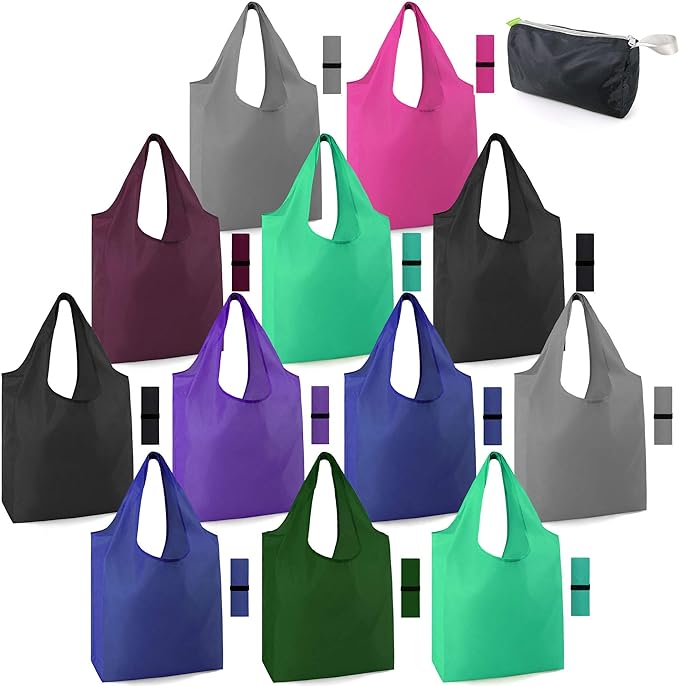 BeeGreen Groceries Reusable Bags for Shopping Compact Cute Solid Color Cloth Grocery Totes Set of 12 Fold up Packable Recycling Shopper Baggies w Zipper Carry Pouch for Supermarket