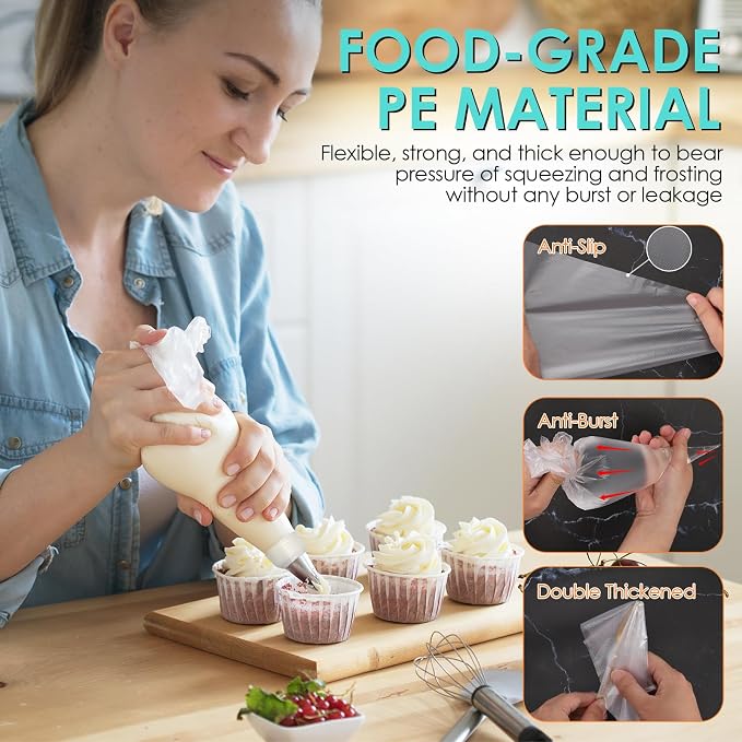 HOTEC 100Pcs 16 Inch Anti-Burst Disposable Piping Bags, Non-Slip Food Grade BPA-Free Pastry Bags for Cake, Cupcake, Cookie Cream Frosting Decorating Baking Supplies