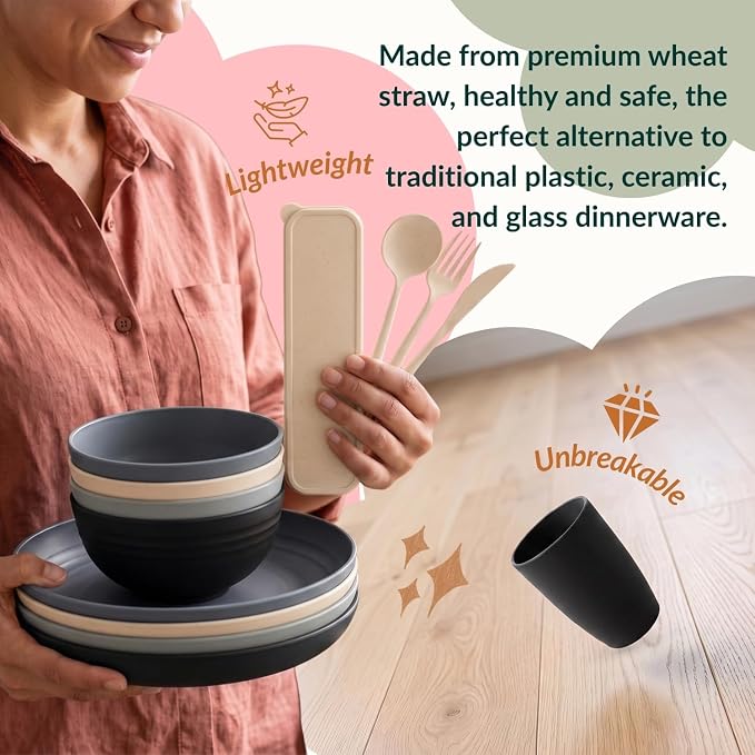 Premium Wheat Straw Dinnerware Sets 28 PCS Unbreakable Plates and Bowls Sets Microwave Safe Dishes Kitchen Utensils for Camping, RV, Party, Apartment, Travel Dishes Set of 4(GreyStone)
