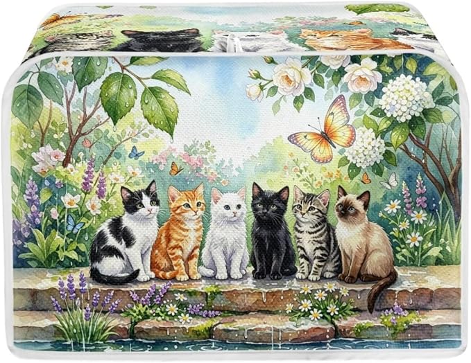 Cats Floral Print Bread Machine Cover 4 Slice Wide Slot Toaster Dust Covers Butterfly Print Protective Cover for Kitchen