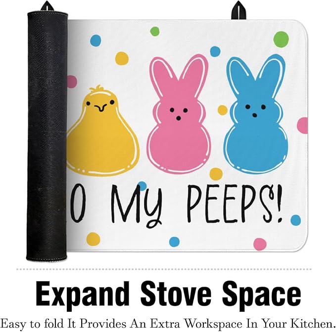 Happy Easter Glass Stove Top Covers for Electric Stove,Hello My Peeps Rabbit Bunny Chick Polka Dots Heat Resistant Cooktop Protector Non-Slip Washable Dish Drying Mat Rug Pad for Kitchen Decor 28"x20"