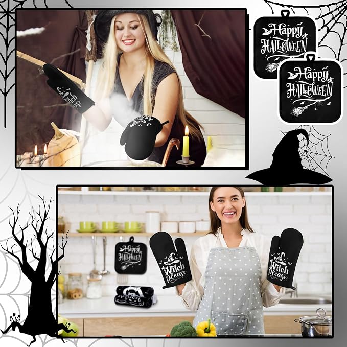 Fanfanwin 10 Pcs Halloween Kitchen Decor Accessories Set Witch Style | Halloween 4 Kitchen Towels 2 Pot Holders 2 Oven Mitts 2 Rugs Set, for Baking Cooking BBQ Autumn Home Decor Holiday Gifts