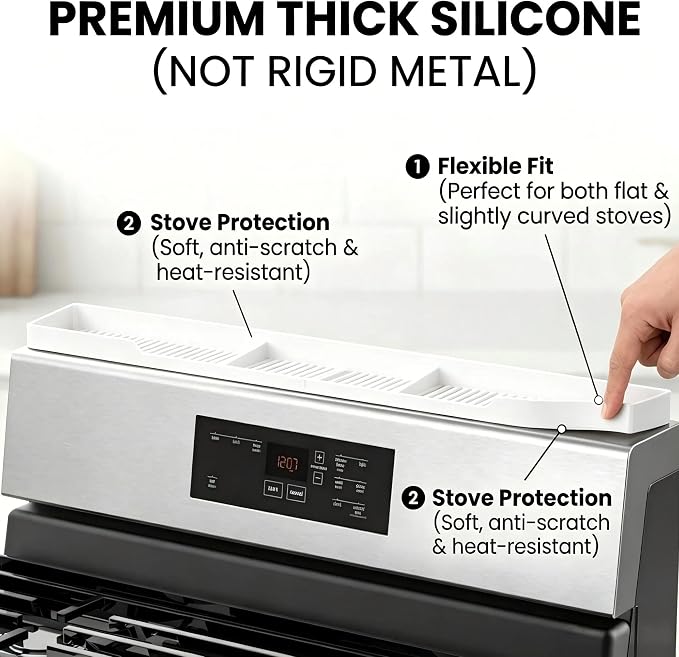 AWOKE Stove Top Shelf 30 Inch - Silicone Material Magnetic Shelf for The Stove - 3 Functional Partitions Kitchen Spice Rack Organizer - White