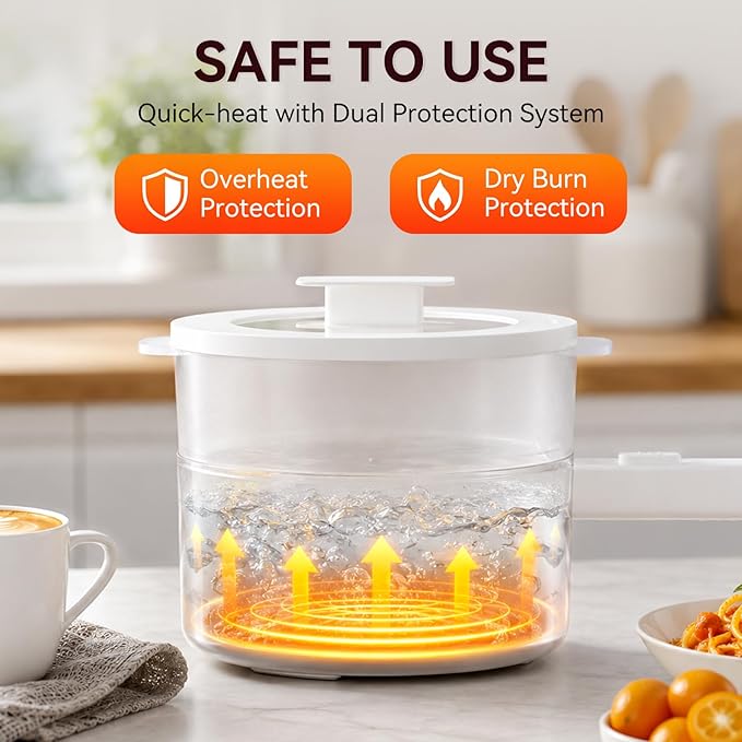 Electric Hot Pot with Steamer, 1.5L Pot with Ceramic Non-stick Coating | Dual Power Multi-functional Electric Cooker, Suitable for Steak, Pasta, Hot Pot, Ramen, Electric Pot for Dorm