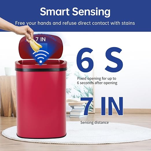 BestOffice | 13 Gallon Stainless Steel Trash Can with Lid | Red | Automatic Touchless Garbage Can | Odor Control | Modern Oval Design | Easy to Clean | For Kitchen, Bathroom, Office or Home