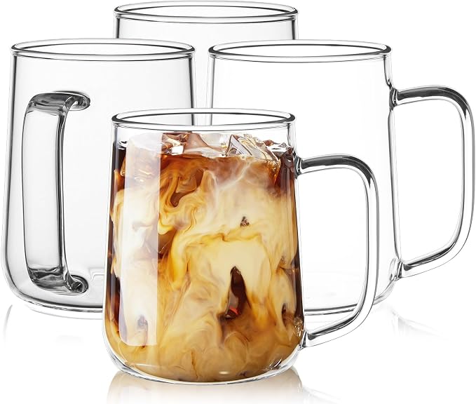 Glass Coffee Mugs, 16 oz Glass Coffee Cups Set of 4, Clear Borosilicate Glass Mugs with Handles for Cappuccino, Tea, Latte, Hot/Cold Beverages, Wine, Americano