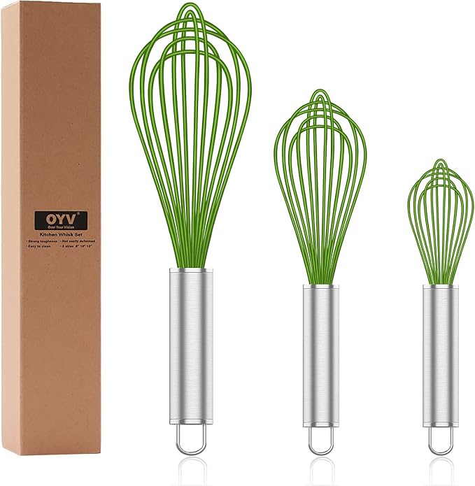 OYV Green Silicone Whisk Set of 3, 8/10/12 Inch, Non-Scratch | BPA-Free Silicone, Heat Resistant Up to 480°F, Stainless Steel Core, Dishwasher Safe, Nonstick-Safe