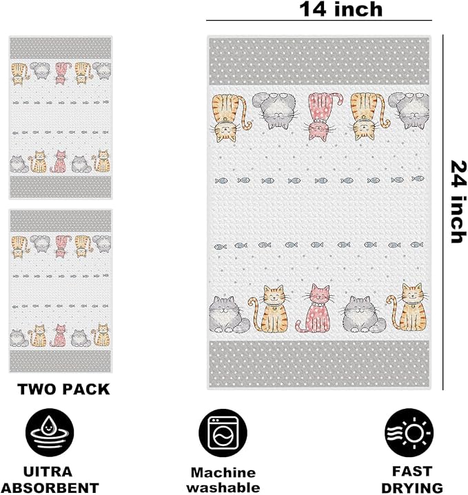 Jztco 2 Pcs Cute Cat Kitchen Towels, Cat Gifts Reusable Hand Towels | Cat Dish Cloths for Drying Dishes, Cats Waffle Dish Towels for Kitchen Bathroom Decor, Cat Lover Gifts for Women Grandma Mom