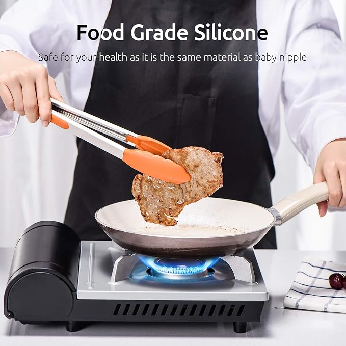 U-Taste Kitchen Tongs for Cooking, 600ºF Heat-Resistant Tps, 3Pcs/Orange | Silicone Tong Set 7/9/12in, Salad/Grill/BBQ Plastic Tongs for Food Serving, Rubber Thong with 18/8 Stainless Steel Handle