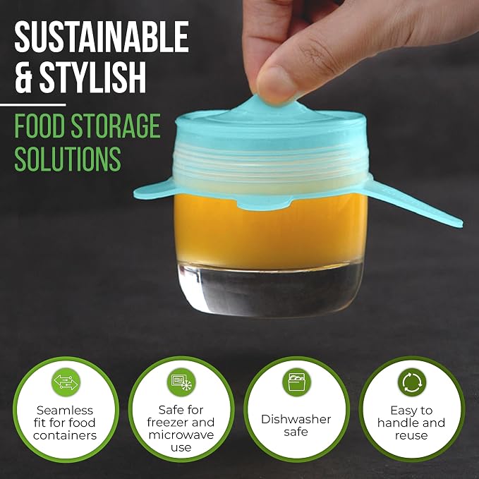 Reusable Silicone Stretch Lids for Food Storage in Fridge - Elastic Heat-Resistant Bowl Covers, Cups, Cans, Jars - Universal Food Grade Lid for Round and Rectangle Containers -7 Pack - Midnight Teal