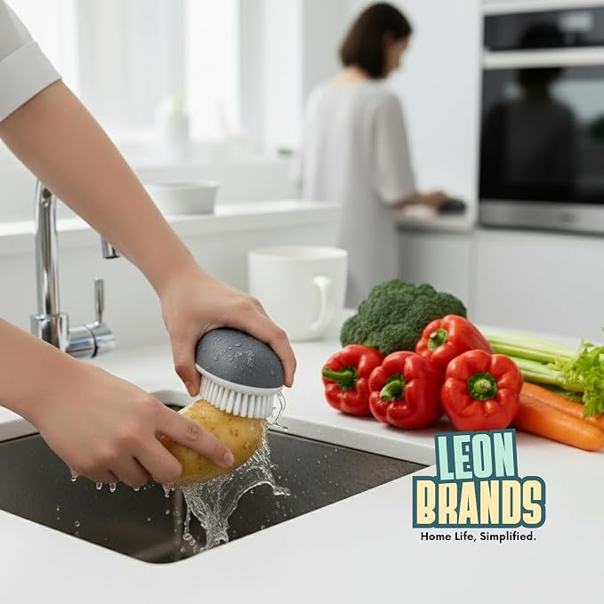 LEONBRANDS 3-Piece Vegetable Brush for Food and Silicone Sink Mat Set - Ergonomic Potato Scrubber for Deep Cleaning - Gray Kitchen Faucet Splash Guard and Veggie Brush Combo