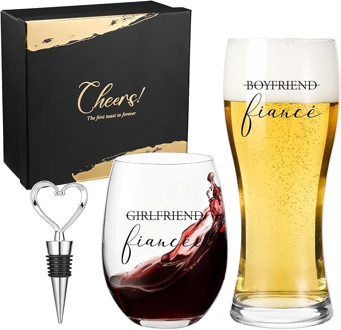 AW BRIDAL Fiance Wine Glasses and Beer Mug Set with Wine Stopper for Couple | Engagement Gifts for Women, Newly Wed Gift for the Couple 2026, Engaged Wine Glasses for Bride to Be, Fiance Fiancee Gift