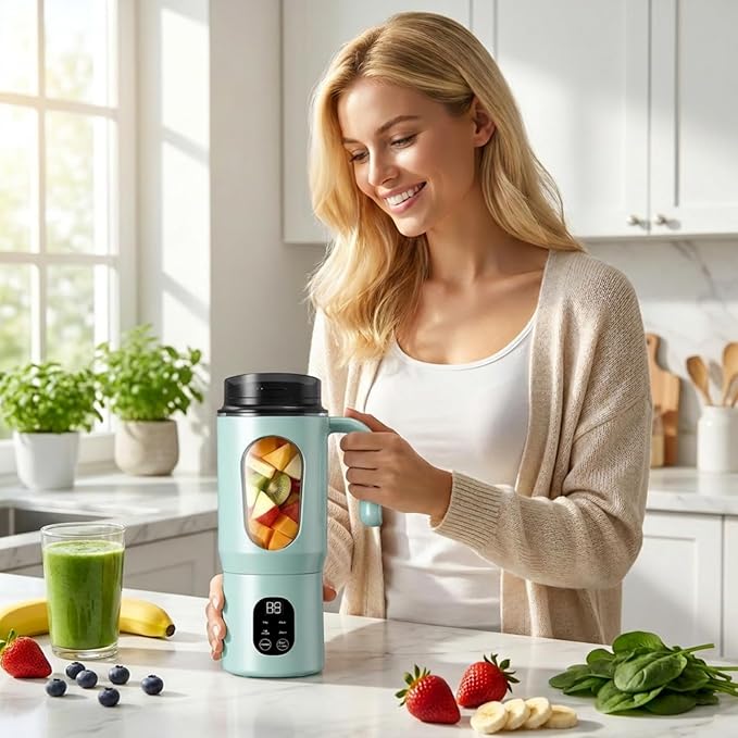 Lilogi 580ML Portable Blender with LED Display, 12-Blade USB-C Rechargeable Travel Blender with Handle & Extra Lid, Ideal for Kitchen, Office, Gym & Outdoor Sports