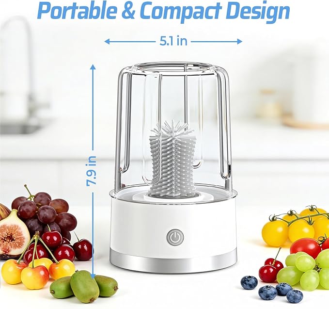 Electric Fruit Washer, Portable Fruit Cleaner Device with OH-Ion Technology | Produce Cleaner with 360° Rotating Silicone Brush & 3-Minute Cycle for Cherries, Grapes, Jujubes, Kumquats & Small Firm Fruit