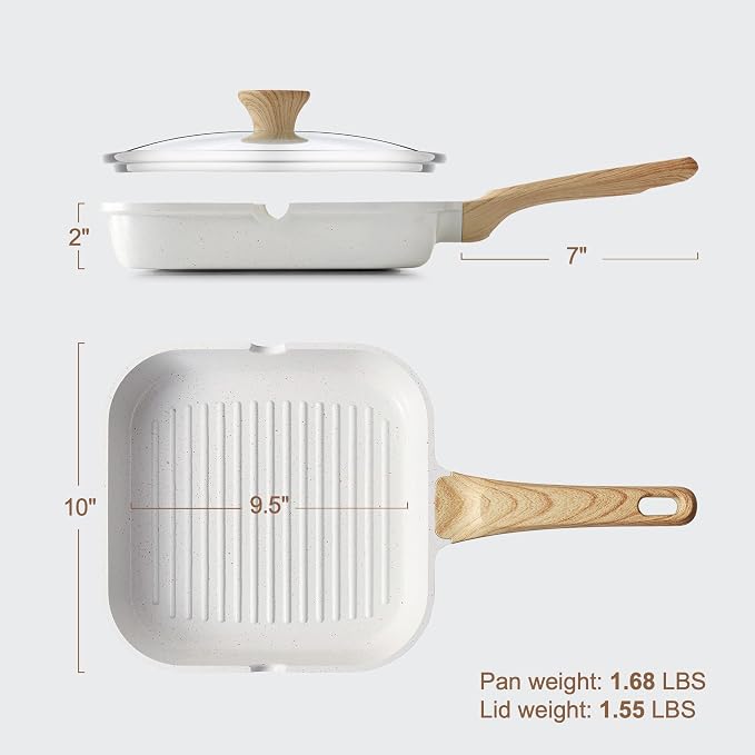 SENSARTE Nonstick Ceramic Grill Pan with Lid, Versatile Square Grilling Pan with Pour Spouts, Durable Grill Skillet for All Stoves(Gas,Electric,Induction) Non Toxic-PTFE,PFAS,PFOA Free, 9.5 Inch