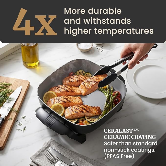 Elite Gourmet EG2313 PFAS-Free Ceramic Electric Skillet, 1200W, Black | Extra-Deep 12"x12"x3" Surface, Less-Splatter Design, Dishwasher Safe, Rapid Heat-Up, Non-Stick
