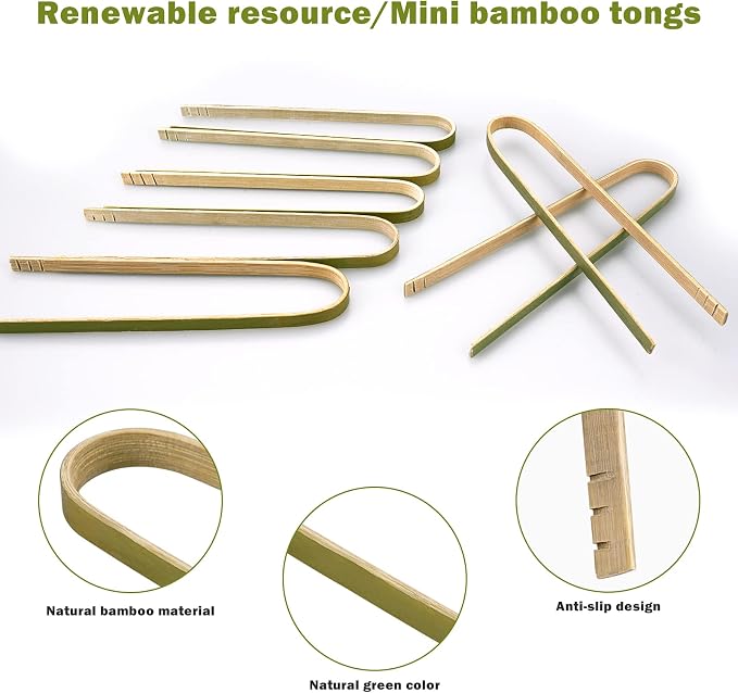 Mini Bamboo Tongs Disposable 100 Pcs 6.2 Inch Long Wooden Tongs | for Charcuterie Large Cooking Utensils for Toaster Serving Food Natural Green for Catering Buffet Home