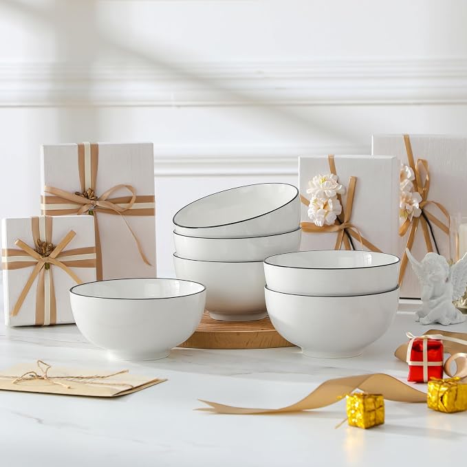 MALACASA 26 Oz Ceramic Cereal Bowls Set of 6 - White Bowl wtih Black Rim | Perfect for soup, cereal, ramen, rice, oatmeal & salad; Scratch-resistant; stackable, microwave, oven & dishwasher safe