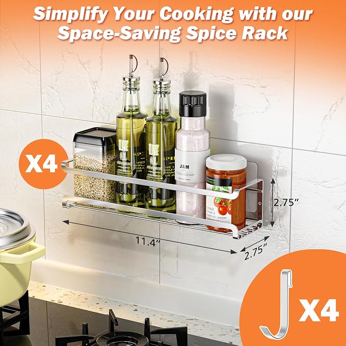 Bunoxea Spice Rack Wall Mounted 4 Pack, Chrome,For Spice Jars & Seasonings | 4 Removalble Hooks,Screw or Adhesive Hanging, Space-Saving,For Kitchen Cabinet, Pantry Door,Stove,RV Use,11.41x2.75x2.75in