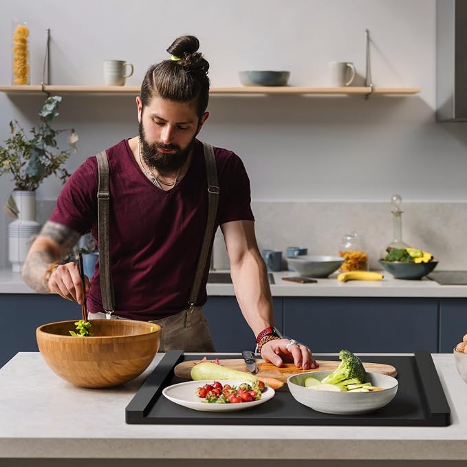 Noodle Board Stove Cover Wood(Ready to Use), Stove Top Covers for Electric Stove, Gas Stove, Wooden Decorative Rustic Kitchen Serving Tray, for Range Stovetop, Cooktop, 30'' * 22'', Black