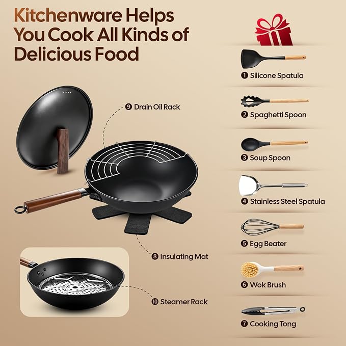AOSION 13'' Carbon Steel Wok, 12 Piece Wok Pan & Stir-Fry Pans Set with Lid | No Chemical Coated Flat Bottom Chinese Wok Pan