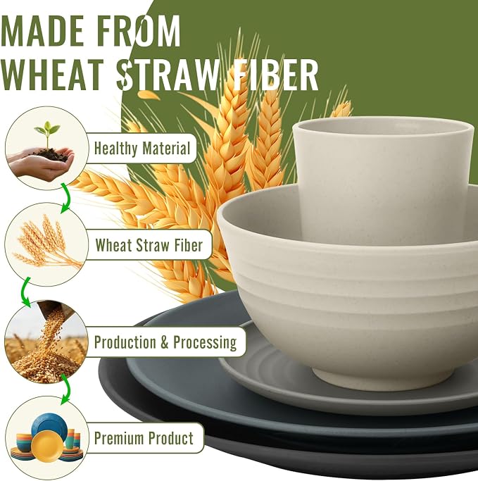 Wheat Straw Dinnerware Sets 40 PCS - Unbreakable Plates and Bowls Sets for 8,Party Kitchen Camping RV Dishwasher & Microwave Safe Modern Lightweight Dishware Sets - Black Grey