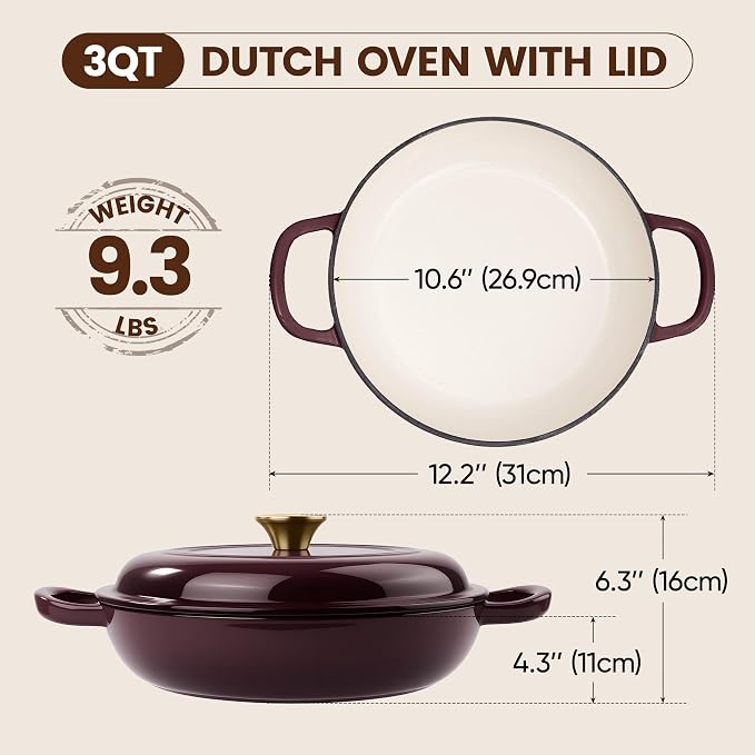 Vintage Style 3 Quart Enameled Cast Iron Braiser, Non Stick Enameled Cast Iron Skillet with Lid, Dutch Oven Skillet with lid up to 500°F for Oven, Stove, Grill, Shallow Dutch Oven for Cook, Bake (Fig)