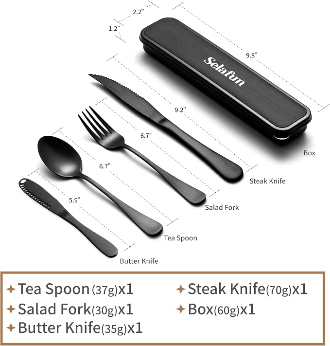 5-pieces Travel Set with Case Portable Silverware Utensils Set for work, Stainless Steel Reusable Flatware Set Cutlery Set for Camping Picnic Hiking Office, (matte black, 5.9)