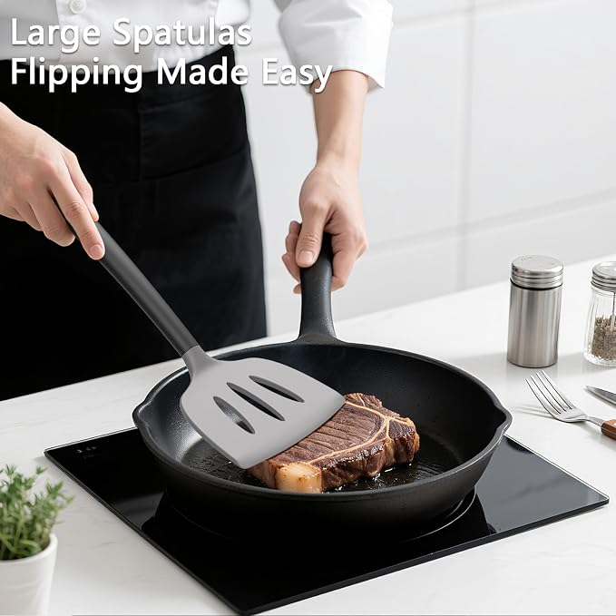 Coukre 3 Pack Silicone Spatula Set, Heat Resistant to 500°F, BPA-Free | Fish Spatula, Solid & Slotted Turners, Dishwasher Safe, Spatula Set for Eggs, Pancakes, Fish & Burgers, GrayBlack