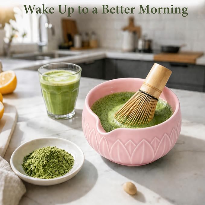 Matcha Whisk Set, Ceramic Matcha Set Includes Bowl & Holder, Bamboo Whisk (Chasen), Scoop, Spoon and Sifter, 6Pcs Matcha Kit Covers Everything Needed for Making Matcha (Leaf Pink)