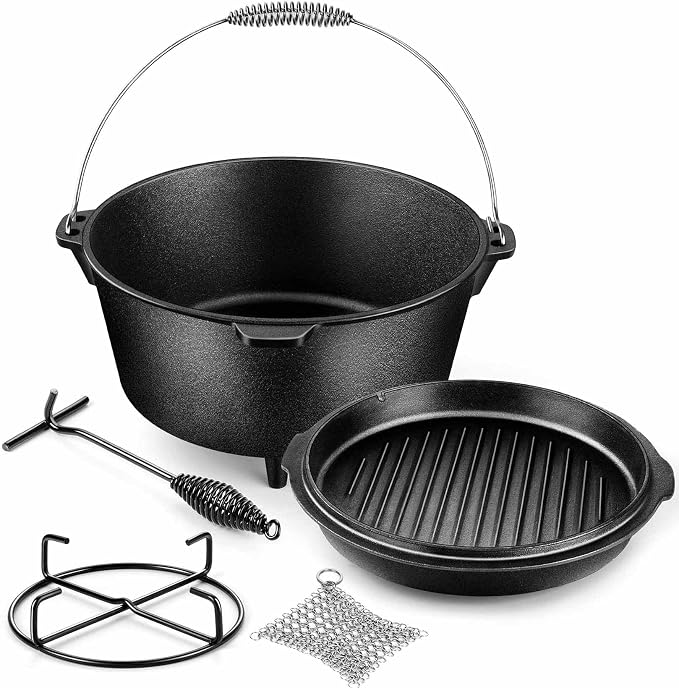 Joyfair Pre-seasoned Cast Iron Camp Dutch Oven with Accessories, 7.6QT Pot | Open Fire Camping Cookware with 2QT Skillet Lid For Outdoor Campfire Cooking - Baking Sourdough Bread, Oven Safe