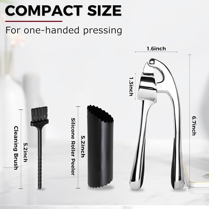 Kitessensu High Effective Premium Garlic Press Set, With Silicone Garlic Peeler & Brush, Heavy Duty Garlic Mincer, Easy to Squeeze and Clean, Rust Proof - Gloss Silver