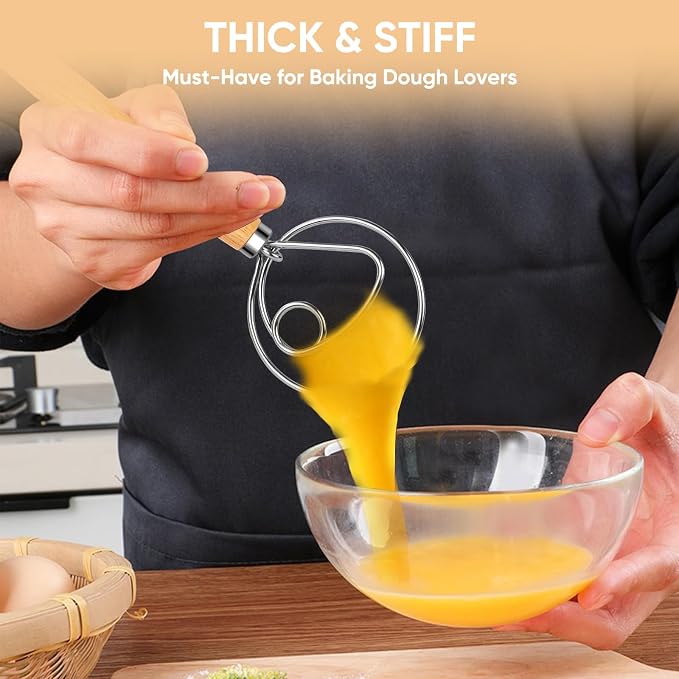Maxjoy Danish Dough Whisk, Stainless Steel Wooden Bread Tool for Sourdough | Wooden Handle Dutch Dough Hook, Replaces Mixer and Spoon for Sourdough Pastry Pizza, Food Safe, Rust Resistant, Easy Clean