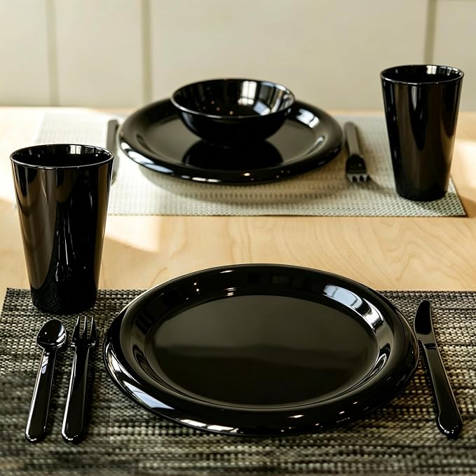 24Piece Plastic Plates and Bowls Sets Dinnerware Set Dishes Set for 4,College Dorm Room Essentials,Camping Plates and Bowls with Tumbler,Knives,Forks and Spoons,Mess Kit,Microwave Safe,BPA Free-Black