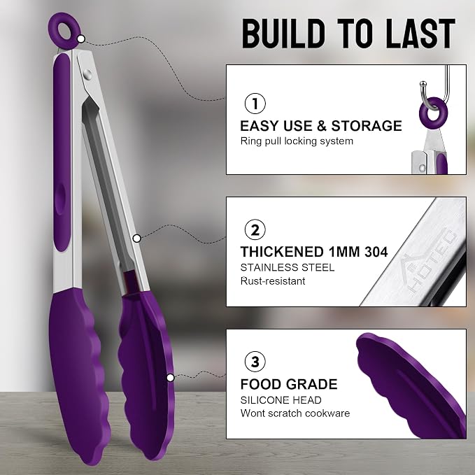 HOTEC Premium Stainless Steel Locking Kitchen Tongs with Silicon Tips, Set of 3-7", 9" and 12" (Purple)