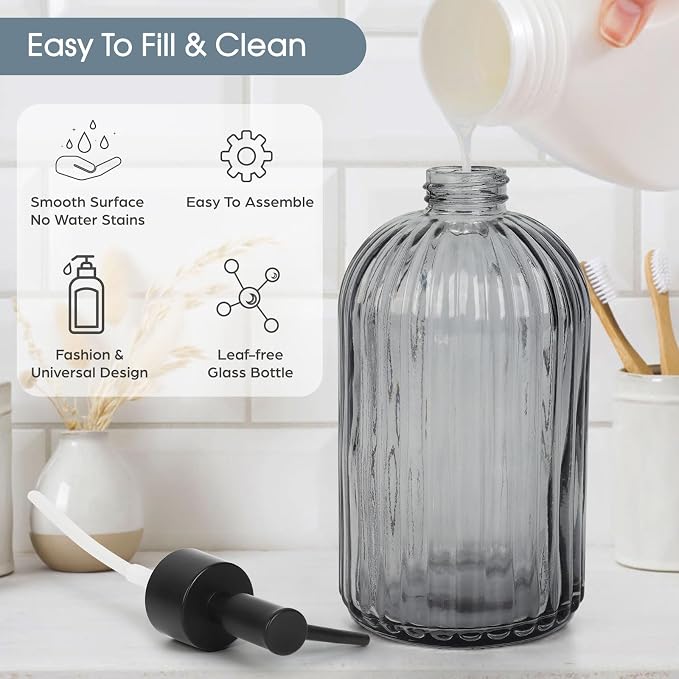 Topsky Glass Soap Dispenser with Plastic Pump, 400ml Liquid Hand Soap Dispenser, Rustproof Pump for Kitchen & Bathroom, Great for Lotions, Essential Oil, Liquid Soaps,Gray