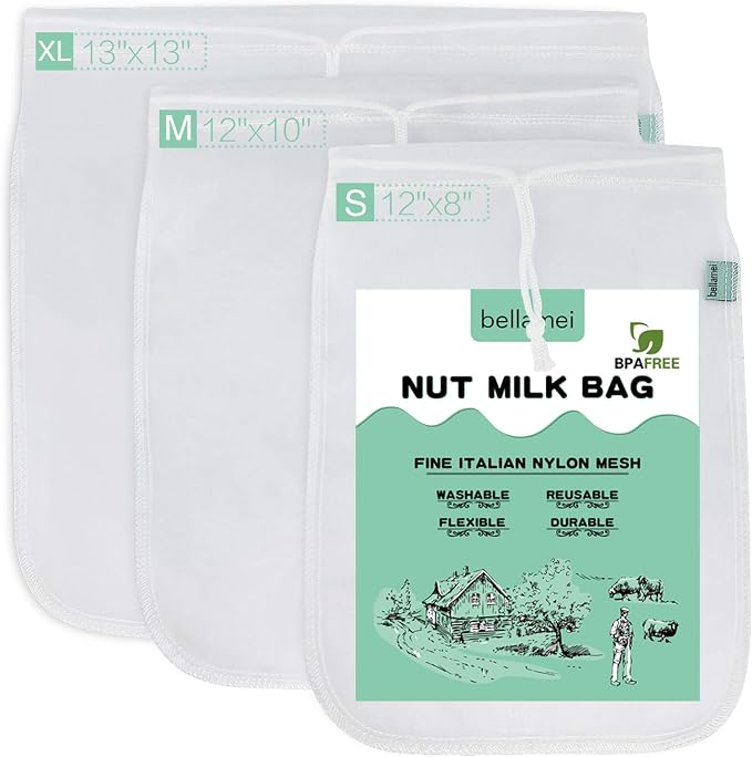 Nut Milk Bag Reusable 3 Pack Multi-size Food Strainer Nut Bags | for Straining Almond/Soy Milk Greek Yogurt Cold Brew Coffee Tea Beer Celery Juice Fine Nylon Mesh(8"x12"/10"x12"/13"x13")