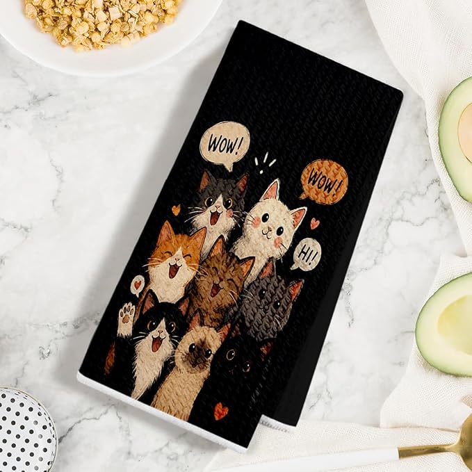 Jztco 2 Pcs Cute Cat Kitchen Towels, Cats Gift Reusable Hand Towels | Cat Dish Cloths for Drying Dishes, Cats Waffle Dish Towels for Kitchen Bathroom Decor, Cat Lover Gifts for Women Mom Grandma